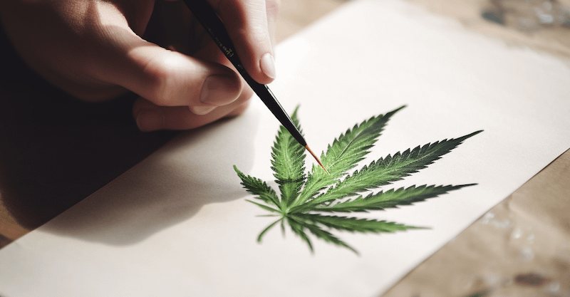 A person painting a cannabis plant image on paper