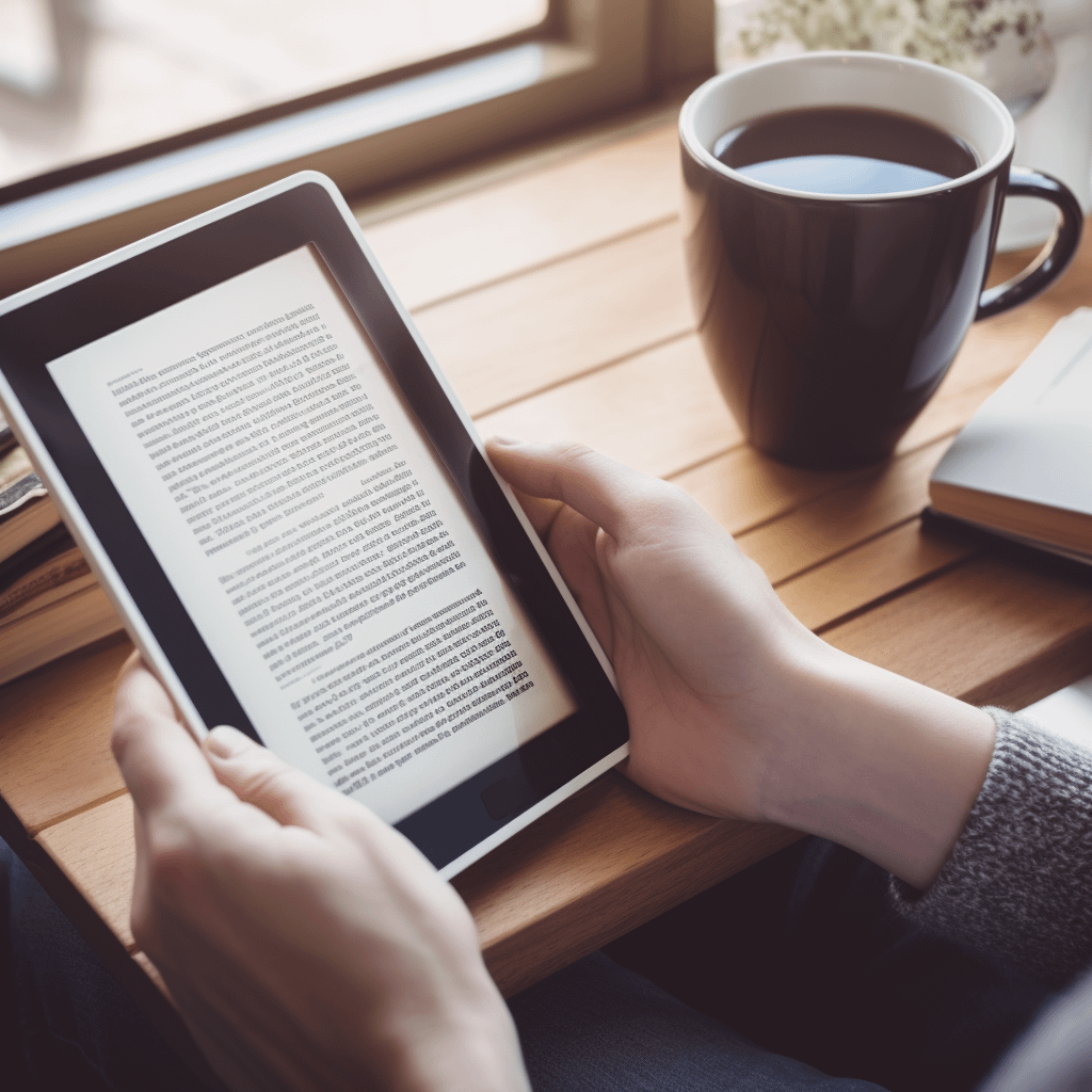 A person reading a book on Kindle, a mug of coffee next to them