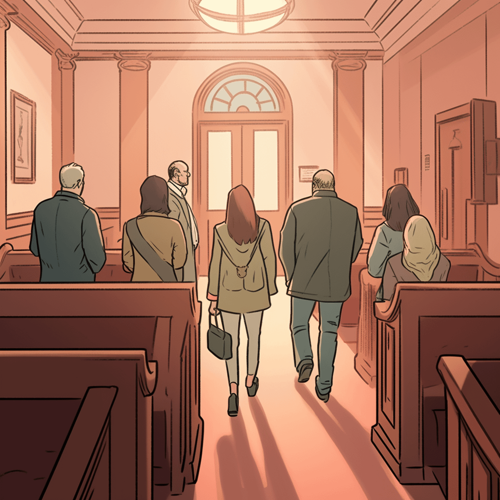 An illustration of people inside a courtroom