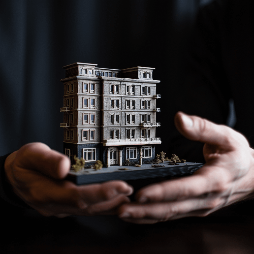 A person's hands gently holding a miniature office building