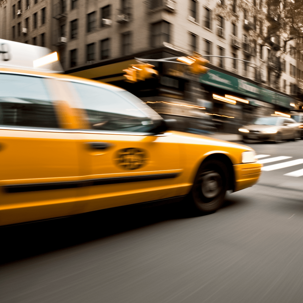 A yellow cab zooming past