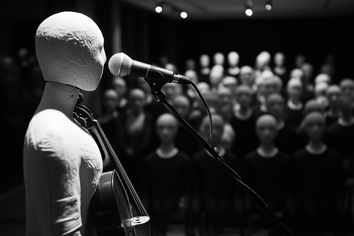 A surreal black-and-white scene of a mannequin-like figure with a cello performing to an audience of identical mannequins