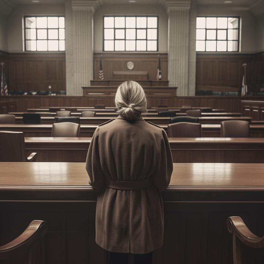 the back of a woman waiting in court to make her case