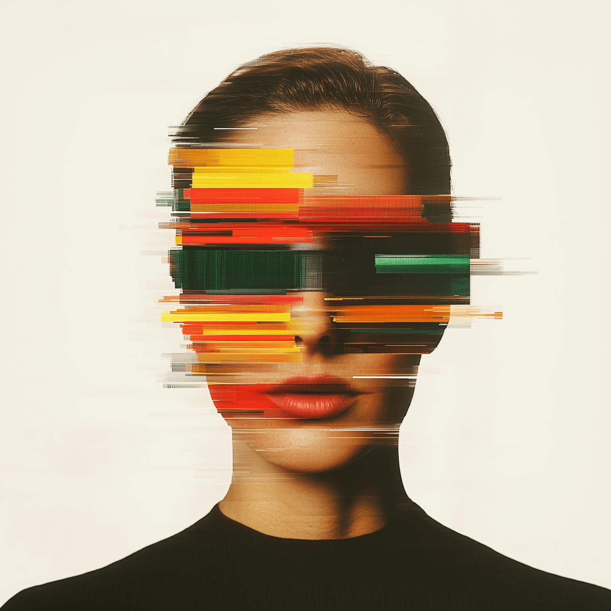 A futuristic portrait with glitch effects obscuring the eyes, blending vibrant colors and human features in a tech-inspired aesthetic