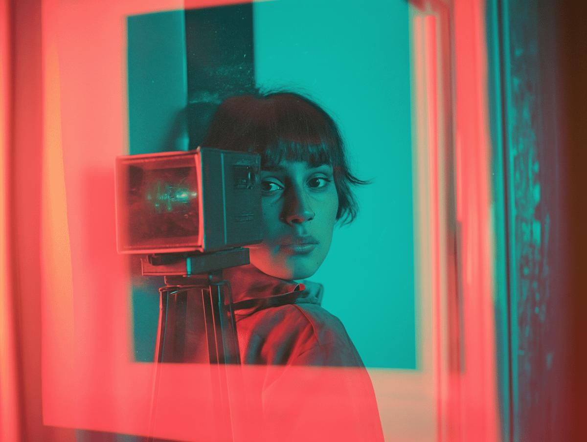A young woman with a vintage camera in red and teal lighting, creating a cinematic and artistic atmosphere