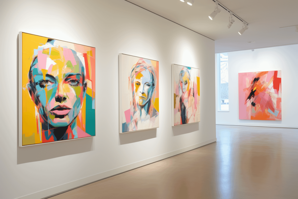 A modern art gallery with a series of large abstract portrait paintings displayed on white walls. The works feature bold, colorful brushstrokes in bright hues of pink, yellow, teal, and orange, blending expressive facial features with geometric abstraction. The clean, minimal gallery space with polished floors and ceiling spotlights enhances the vivid impact of the artworks.