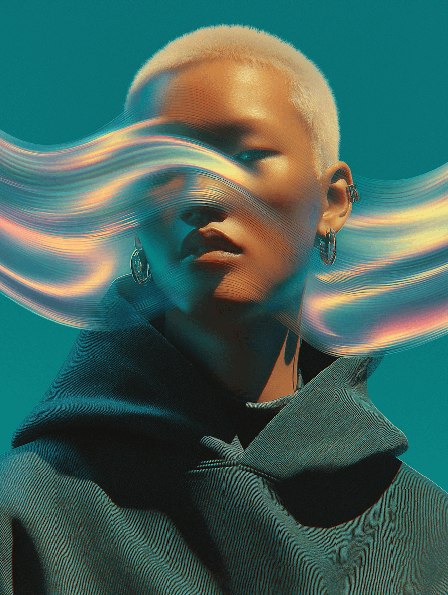 A futuristic portrait with vibrant distortions, featuring a person in a hoodie, gold chain, and reflective sunglasses against a teal-orange gradient