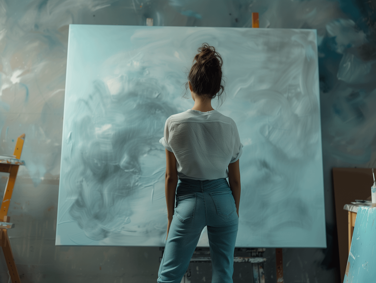 Woman artist in studio, observing abstract blue and white painting on large canvas, wearing casual attire with hair in a bun