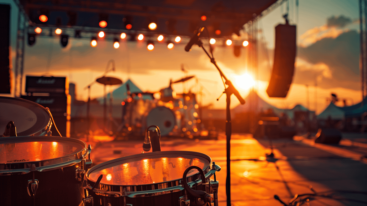Sunset concert stage with drums and microphone, ready for a live performance. Warm lighting creates a vibrant atmosphere.