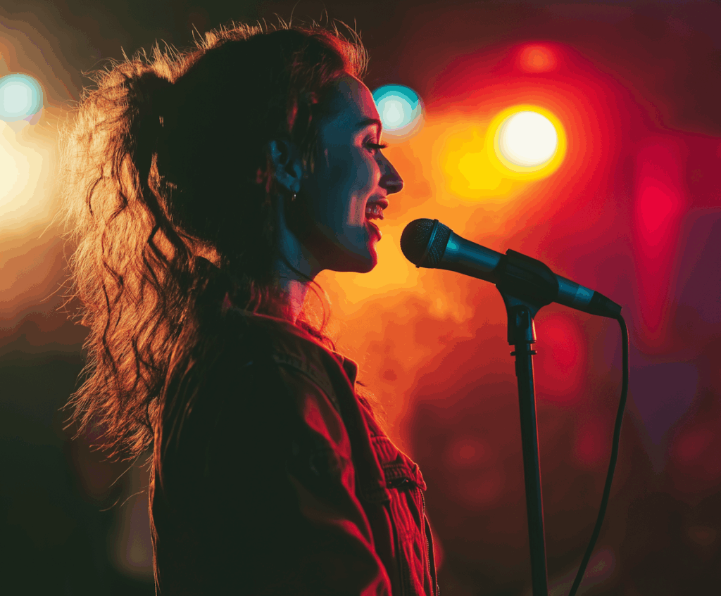 A woman sings passionately into a microphone under vibrant stage lights, creating a warm and energetic atmosphere
