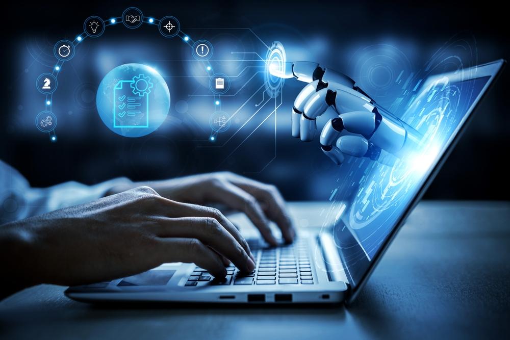 Illustration of a robotic hand emerging from a laptop screen to touch a human hand typing on the keyboard, surrounded by icons representing automation and technology